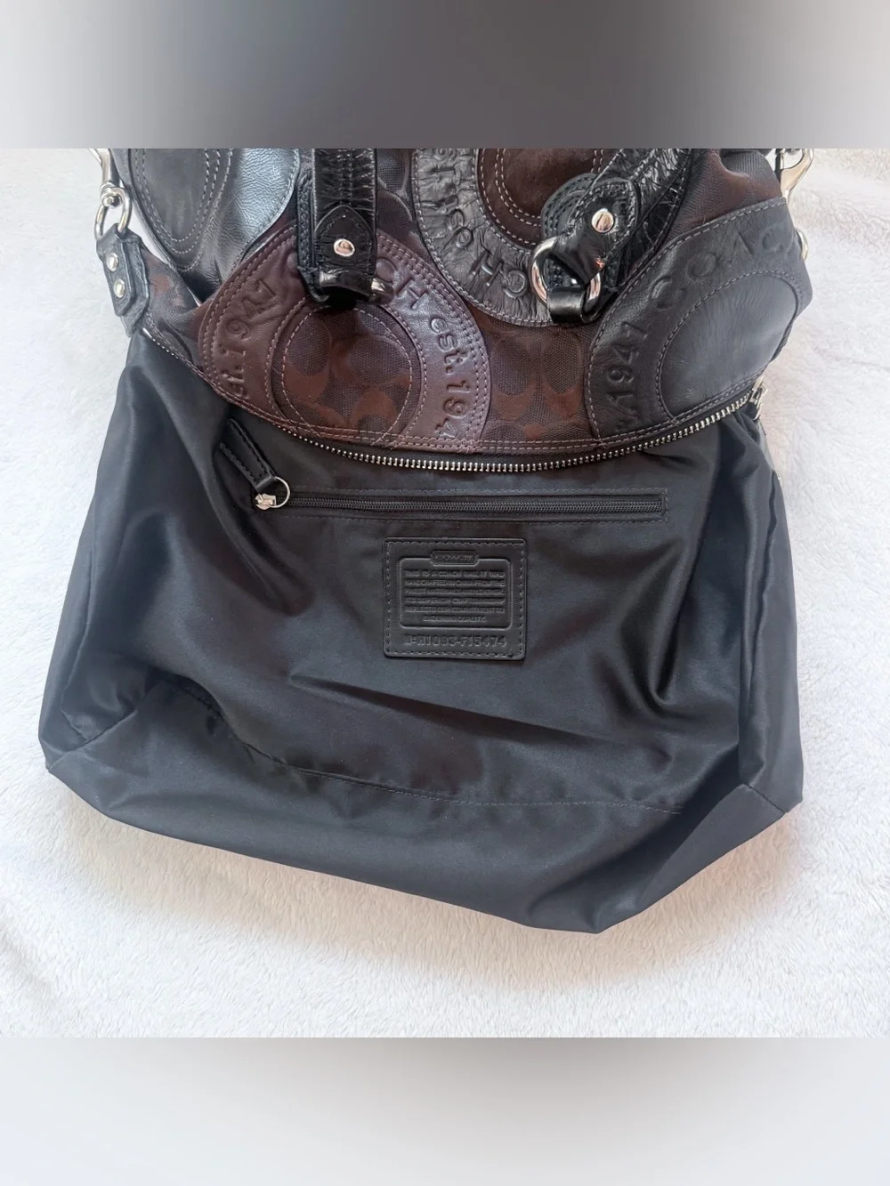 Coach 2010 Chocolate Brown Patchwork Mini Suede Patent Leather Duffel Purse EUC